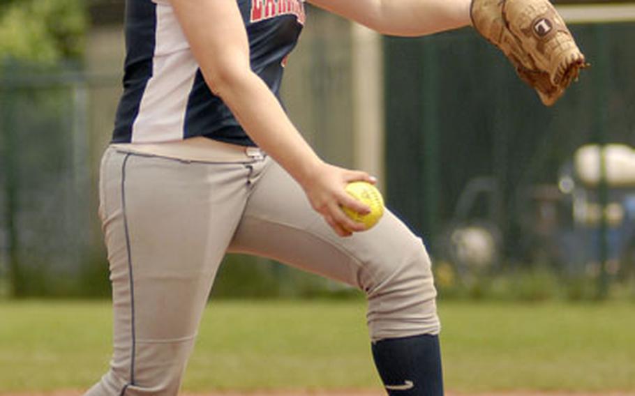 Lakenheath pitcher Rebecca Groff, a junior, winds up for a pitch against Ramstein during the championship game of the DODDS-Europe Big Schools softball championship Saturday at Ramstein.