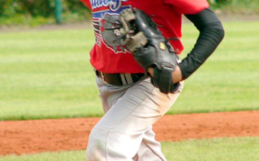 Stuttgart-Wiesbaden’s Connor Rinoski bears down during his last-inning mop-up stint in his team’s 15-1 victory over Naples on Wednesday at Little League Baseball’s Transatlantic Regional tournament in Kutno, Poland. Rinoski, who collected two singles and two walks in four plate appearances, struck out two of the four batters he faced in closing out the victory.