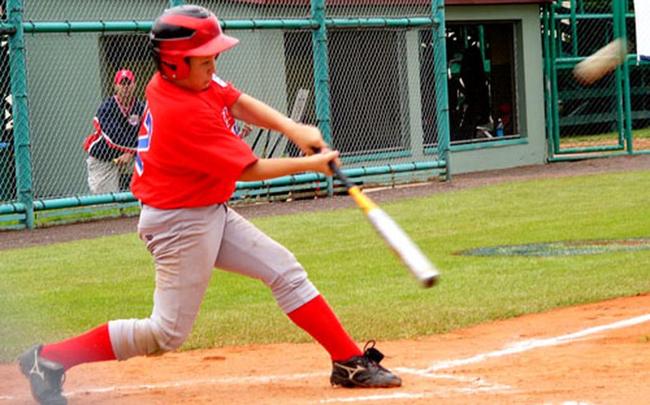 Stuttgart-Wiesbaden batter Joseph “Fish” Patrick moves a teammate to third base with a fly ball during the Germany team&#39;s seven-run first inning Wednesday.