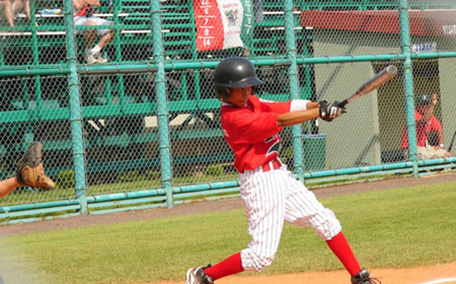 Naples first baseman Sean Owens lines out Friday during a second-inning at-bat at Little League Baseball’s Transatlantic Regional at Kutno, Poland. Naples lost to Dubai 16-0 and was eliminated from the tournament.