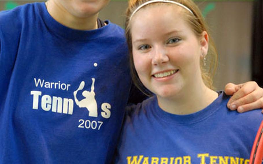 Nancy Jensen, left, and Jessica Smith of Wiesbaden, are the 2007 DODDS-Europe girls&#39; doubles tennis champions. They beat AFNORTH&#39;s Heather Acre and Melanie Seitz, 6-3, 6-1, for the title.