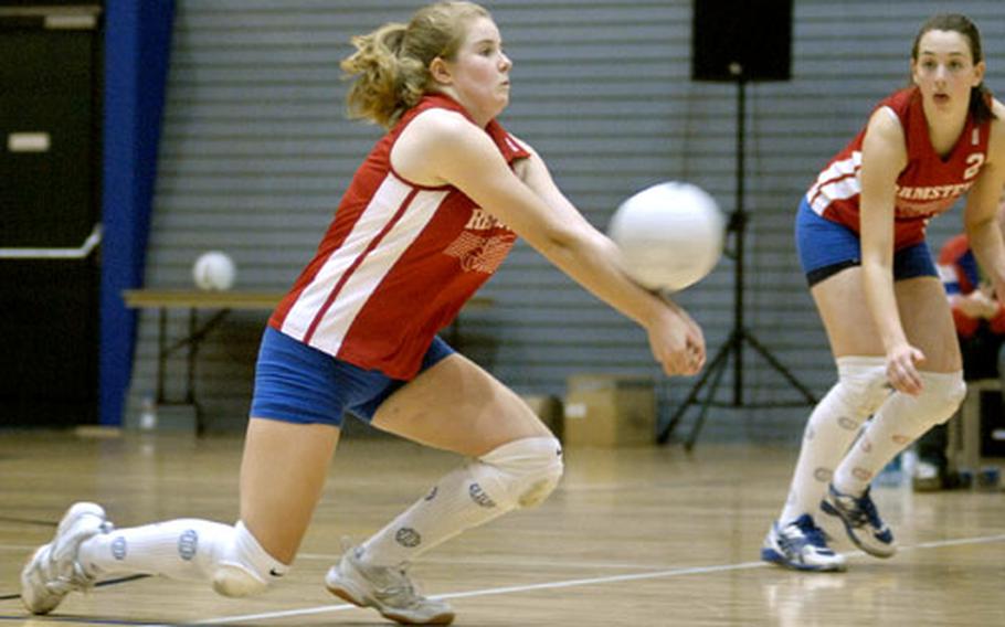 Francesca Bianchi, a Ramstein senior, digs out the ball against Kaiserslautern during the DODDS-Europe girls Division I volleyball championship game at Ramstein. Ramstein defeated rival K-Town, 17-25, 25-15, 25-16, 25-12.