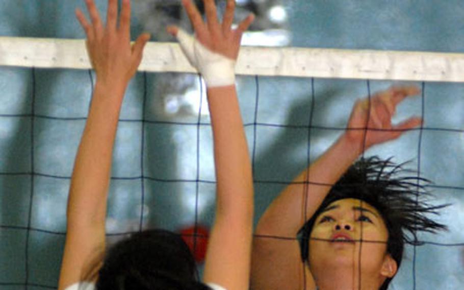 Osan American junior setter Celine Baldevia (3) was named the Most Valuable Player of the 2007 Far East High School Girls Class A (small schools) Volleyball Tournament at Kelly Fitness & Sports Center, Camp Walker, Daegu, South Korea. She totalled 12 spike kills in 47 attempts, served 18-for-20 with six aces and had 14 set assists and 11 defensive digs in Osan&#39;s 25-21, 25-21, 13-25, 25-10 dethroning of defending champion Morrison Christian Academy of Taiwan in the championship match.