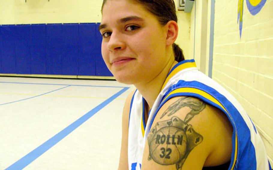 Nancy Jensen, a four-year varsity starter for the Wiesbaden girls team, has her eyes on a basketball future at Missouri Valley State College. First, Jensen is looking forward to the European Division II tournament.