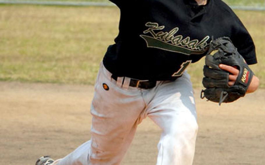 Kubasaki right-hander Dillon Mach fires against the Kadena Panthers. Mach got the complete-game victory, giving up three hits and three walks and striking out three as the Dragons won the nightcap 8-1, completing a sweep of the twin bill after winning the opener 19-0 in three innings.