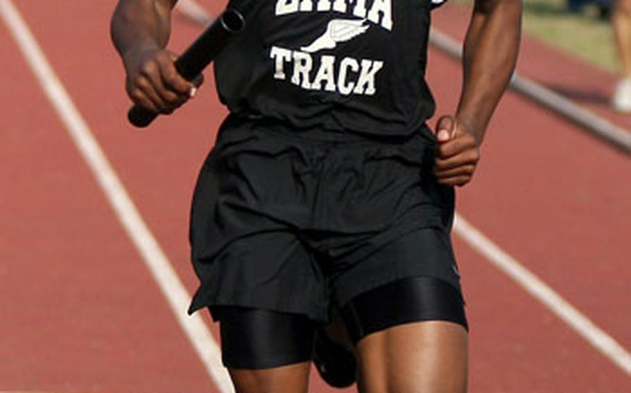 Zama sophomore Emmanuel Sloan anchors the winning team in the 1,600-meter relay, which was won in 3 minutes, 46.06 seconds.