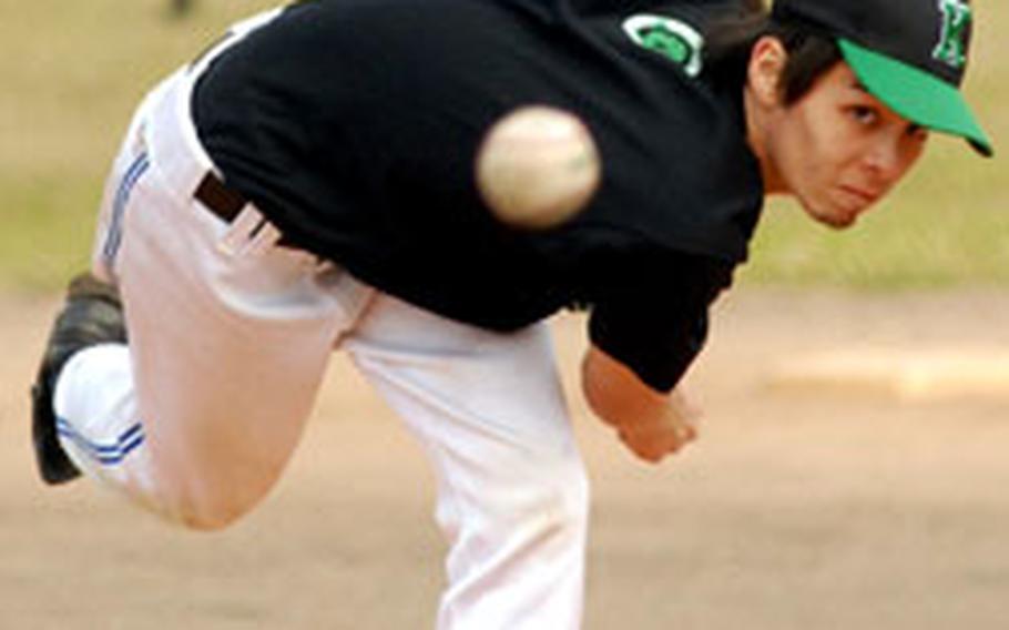 Kubasaki’s Patrick Duffy throws a fastball during a preseason game. Baseball and softball coaches and players want their sports to be added to DODDS-Pacific’s Far East tournament calendar.