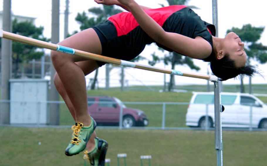 Sophomore Kristy Taylor of Seoul Track Club clears 4 feet, 10½ inches Friday to capture the girls high-jump portion of the 6th Alva W. "Mike" Petty Memorial Track and Field Meet at Camp Foster, Okinawa.