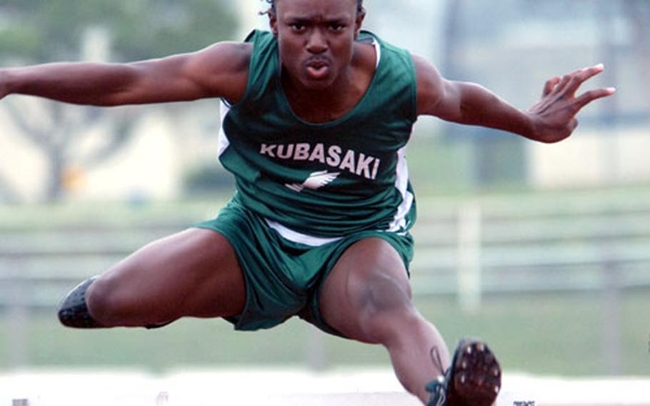 Kubasaki senior Randel O&#39;Bannon runs the 110 hurdles during Saturday&#39;s Day 2 in the sixth Alva W. "Mike" Petty Memorial Track and Field Meet at Camp Foster, Okinawa. O&#39;Bannon prevailed in 16.15 seconds.