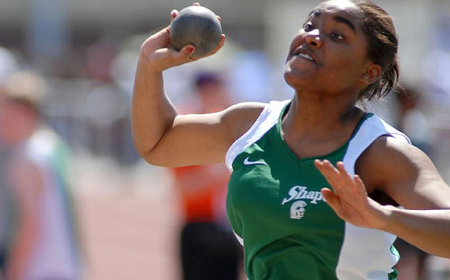 SHAPE’s Sha’Air Hawkins won the shot put in the five-team track and field meet Saturday in Mannheim, Germany, with a throw of 29 feet, 4½ inches.