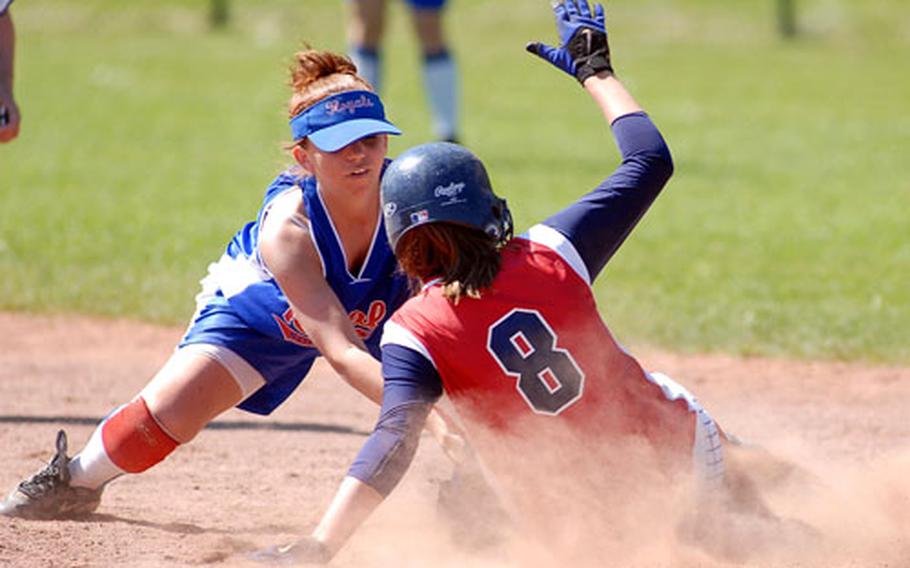 Ramstein&#39;s Megan Stubblefield puts the tag on Lakenheath&#39;s Nicole McBride as she attempts to steal second in the first game of Saturday&#39;s doubleheader.