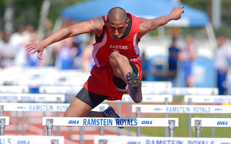Kaiserslautern&#39;s Josiah Baldwin clears the next-to-last hurdle on his way to winning the 110-meter hurdles in 16.89 seconds at a DODDS-Europe track meet in Ramstein, Germany, on Saturday.