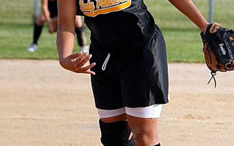 Kadena Panthers right-hander Monica Hayes delivers against the Kubasaki Dragons during Wednesday&#39;s Game 1 of the 2008 Okinawa Activities Council district girls softball championship best-of-three series at Camp Foster, Okinawa. Kubasaki beat Kadena 10-6.