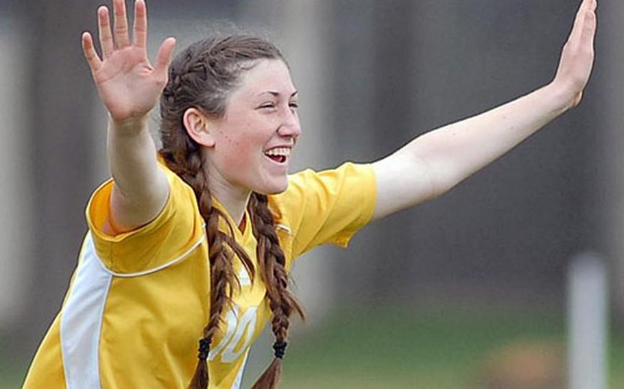 Mannheim&#39;s Anna Cressler celebrates her free-kick goal for a 2-0 lead over Black Forest Academy at Mannheim on Saturday.