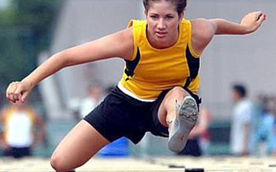 Kadena Panthers sophomore Shannon Steele runs the girls 100-meter high hurdles. Steele&#39;s 17.3-second clocking was good for third place.