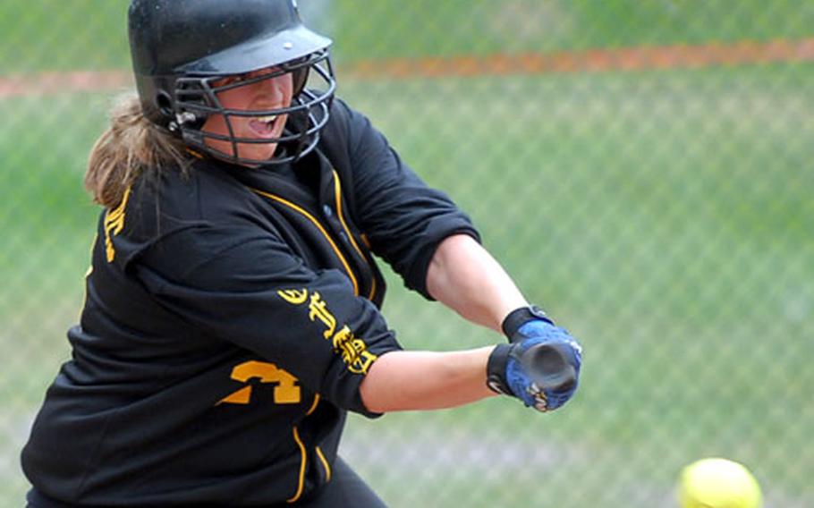 Patch&#39;s Rachel Vroegindewey connects for a run-scoring hit against Mannheim in a Division II opening day game at the DODDS-Europe softball finals in Ramstein on Thursday.