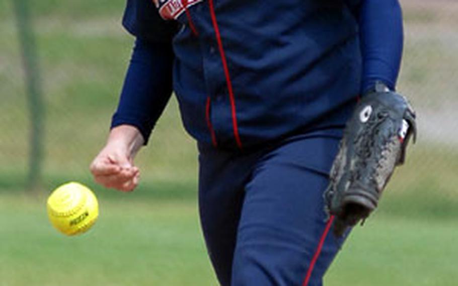 Bitburg&#39;s Kelsey Wilson pitched in Bitburg&#39;s Division II 22-2 victory over Vilseck on opening day of the DODDS-Europe softball finals.