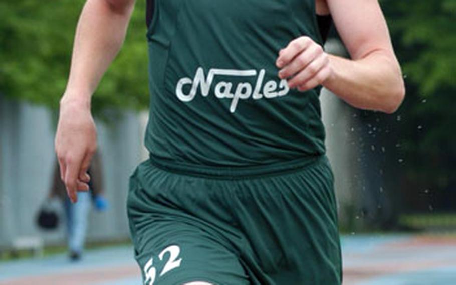 Naples junior John Markman is all alone as he wins the 1,500-meter run by nearly a half-minute over his closest competition at Aviano on Saturday.