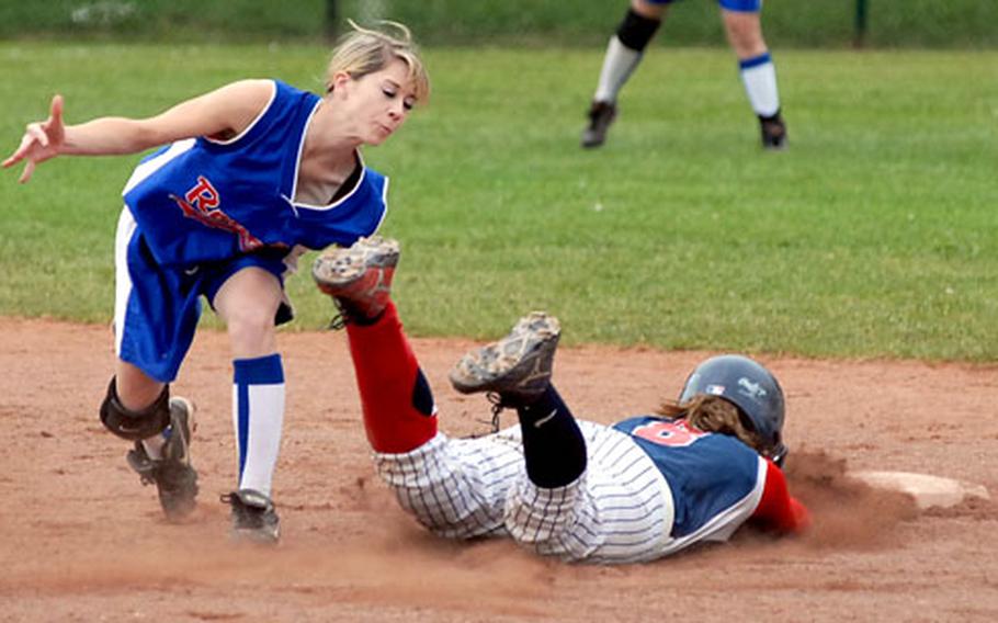Ramstein&#39;s Lindey Jones tags out Lakenheath&#39;s Nicole McBride out at second on an attempted steal in the second game of a best of three series. Ramstein won that game and the decisive third game, 7-5, to claim the Division I softball title.