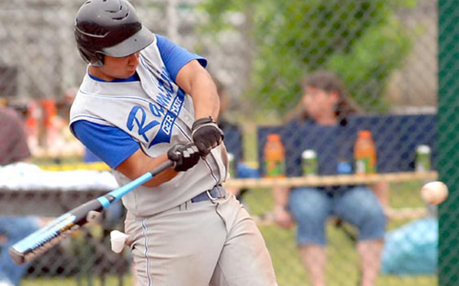 Gavon Byrd hammered the first pitch of the final inning over the center-field fence Mon-day to give the Ramstein Rockets a 7-6 victory over the Stuttgart Panthers in the championship game of the three-day Biggs European Baseball Championship.