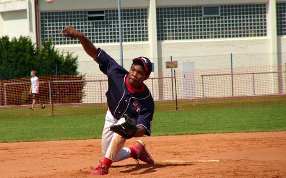 Winning pitcher Rashad Brown delivers during Kaiserslautern Military Community’s 18-9 victory over Stuttgart in Saturday’s championship game of the best-of-3 Germany Little League tournament for players aged 13-14 at Patch Barracks in Stuttgart. Brown went 4 1/3 innings, allowing eight hits, three earned runs and striking out four.