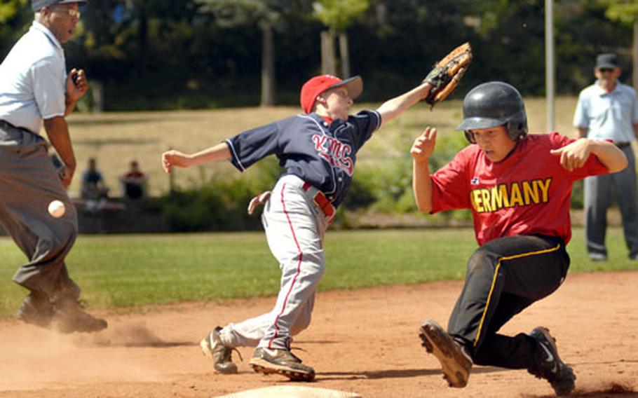 A wild throw zings past Sal Vargas of Kaiserslautern as Cedric Dilling of Germany&#39;s Baden Württemberg squad reaches third base Wednesday at Ramstein Air Base. Dilling scored on the play.