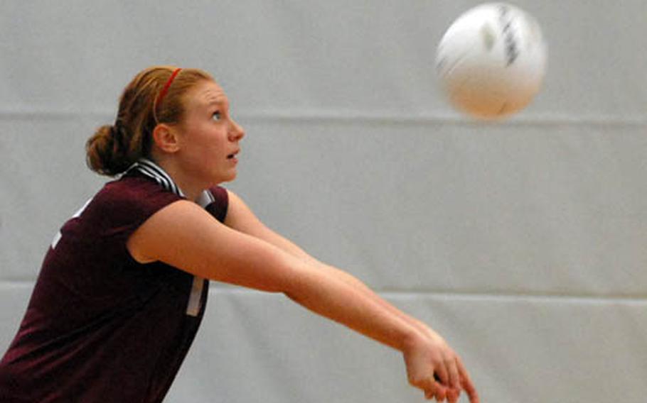 AFNORTH&#39;s Jillian Barthel bumps a return in the Lions&#39; 8-25,19-25 loss to Baumholder on opening day of the DODDS-Europe volleyball championships in Kaiserslautern, Germany, on Thursday.