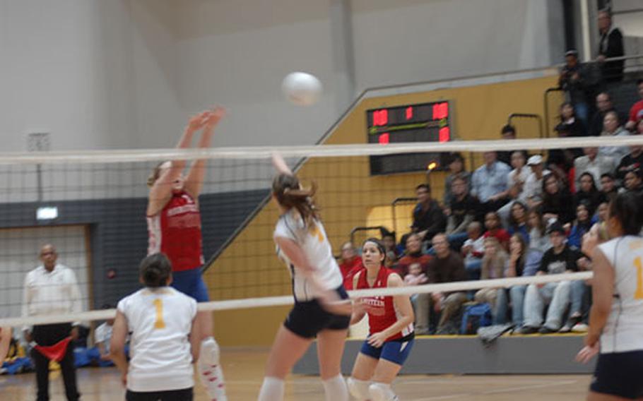 Heidelberg &#39;s Katie Anest (right) goes up to spike the ball against Ramstein in the DODDS-Europe girls volleyball Division I championship game Saturday at Ramstein. Heidelberg defeated Ramstein in five sets to end the Lady Royals bid for a fourth straight championship.