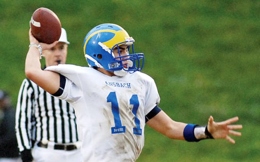 Ansbach quarterback Dominic Barrale prepares to launch his third touchdown pass in the Division II championship game in Baumholder, Germany, on Saturday. Ansbach took the title with a 50-13 victory over Wiesbaden.