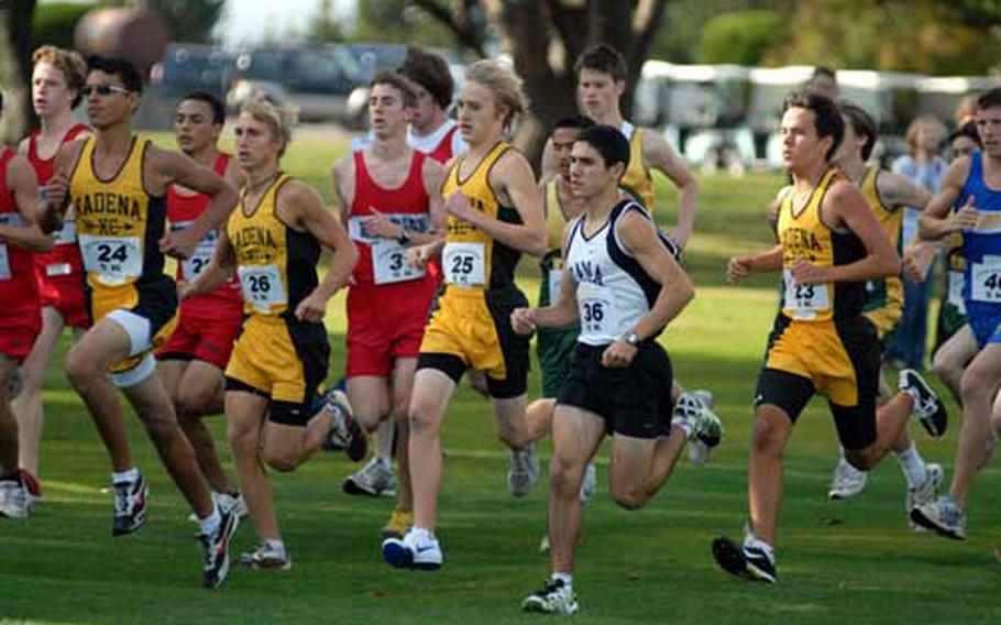 Zama American senior Andrew Quallio (36) and the pack of runners make their way to the first turn during Monday&#39;s 2008 DODDS-Pacific Far East High School Cross Country Meet.