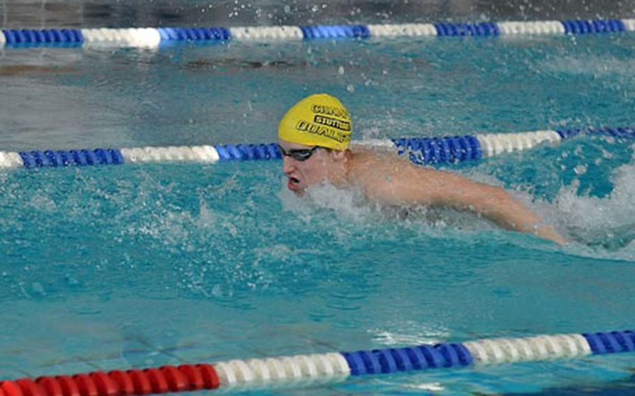 Patch High School junior Will Viana churns the water during a 100-meter butterfly race this season. This season, Viana’s best time in the event is 58.75 seconds, which is closing in on the European Forces Swim League record of 58.13, a mark that has stood for nearly a dozen years. Viana is making a habit of collecting EFSL records, but he says he isn’t driven to defeat everyone in the pool. "I’m not a competition guy," Viana said. "I’m not a Michael Phelps. I’m a times guy."
