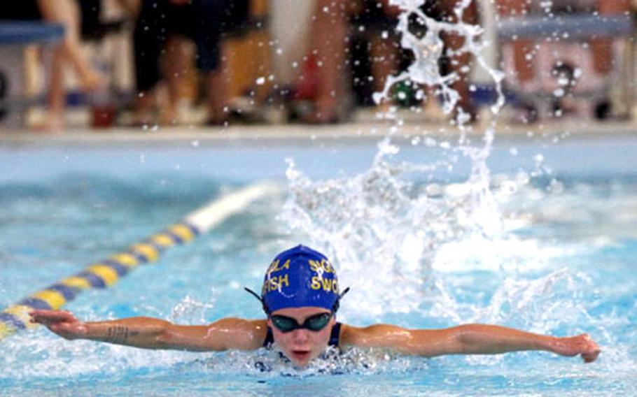 Eight-year-old Hallie Kinsey of the Sigonella Swordfish flashes the form that allowed her to set a European Forces Swim League age-group record of 41.43 seconds in the 50-meter butterfly. She will be competing in the EFSL championship meet in Berlin this weekend.