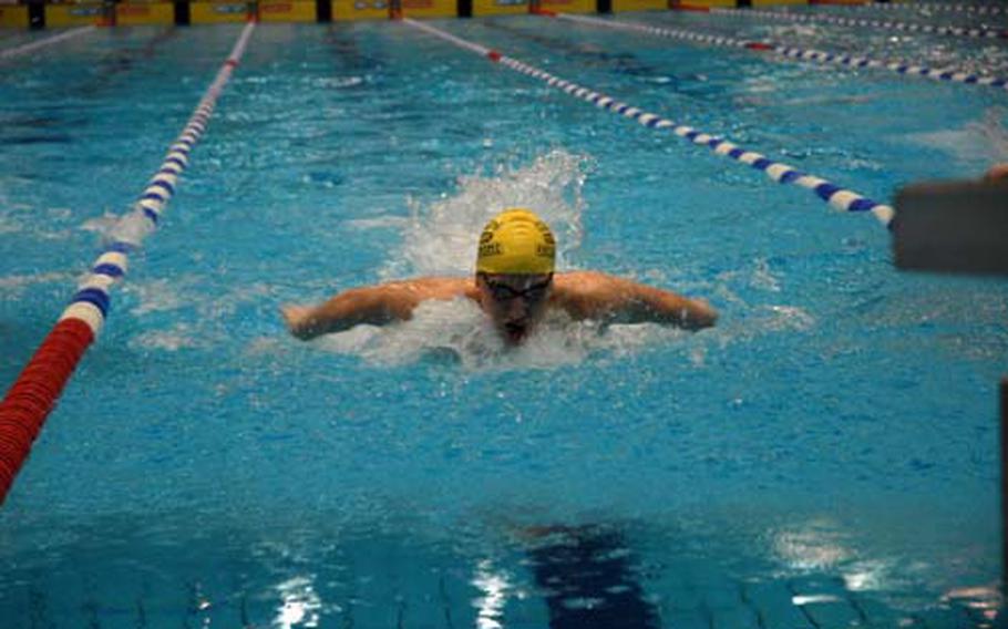 Flying through the water on his way to a gold medal and new league record in the boys 17- to 19-year-old 200-meter individual medley is Will Viana, 17, of Stuttgart, Germany. Viana took home six golds and set five records at the 2009 European Forces Swim League Championships at Berlin’s Europa Sportpark Saturday and Sunday.