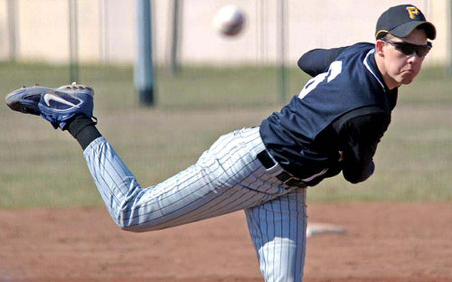 Patch&#39;s Austin Taylor throws a pitch to a Wiesbaden batter in the second game of the doubleheader.