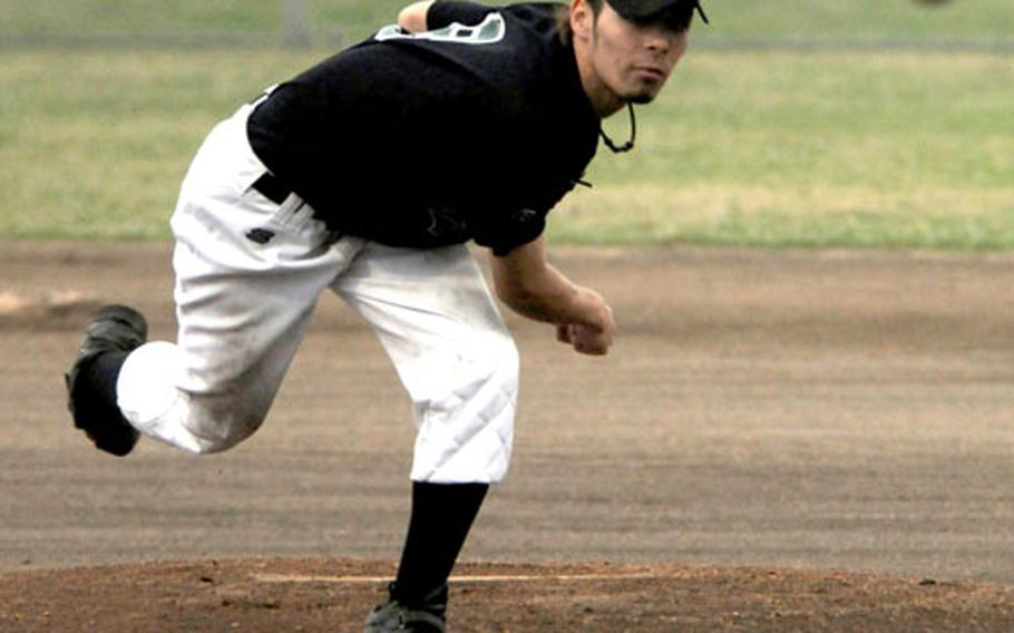 Kubasaki right-hander Patrick "Duck" Duffy delivers against Naha Young Spirit during Saturday&#39;s baseball game at Camp Foster, Okinawa. The host Dragons rallied for a 9-8 victory.