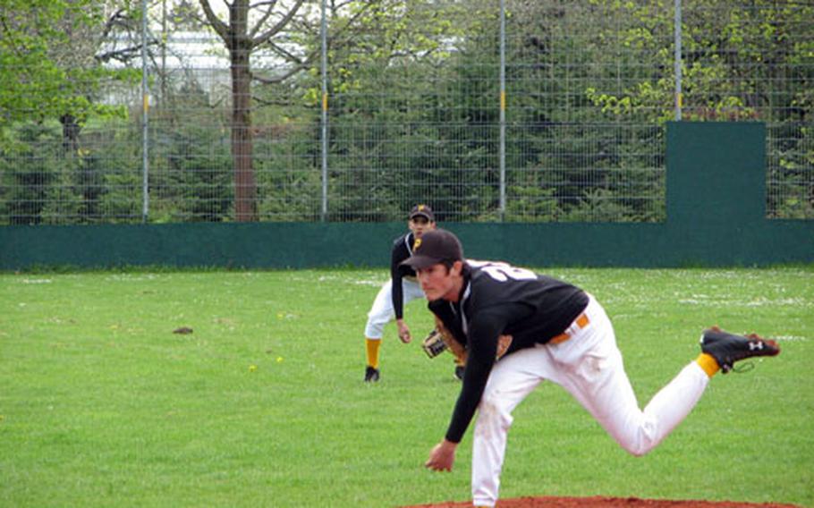 Patch junior Justin Phelps follows through during a recent game. He threw a four-inning no-hitter against Wiesbaden in the first weekend of DODDS-Europe baseball.