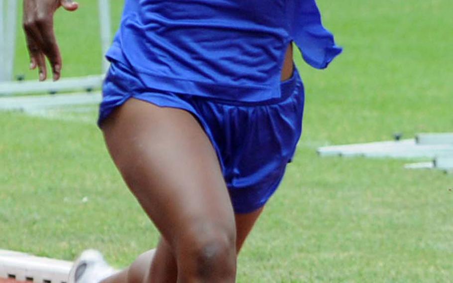 Tiffany Heard of Ansbach, competing in the 200 meters at the European track and field championships 2008, is the girls defending 100 intermediate hurdles champion. She hopes to retain that title and also win the 300 hurdles.
