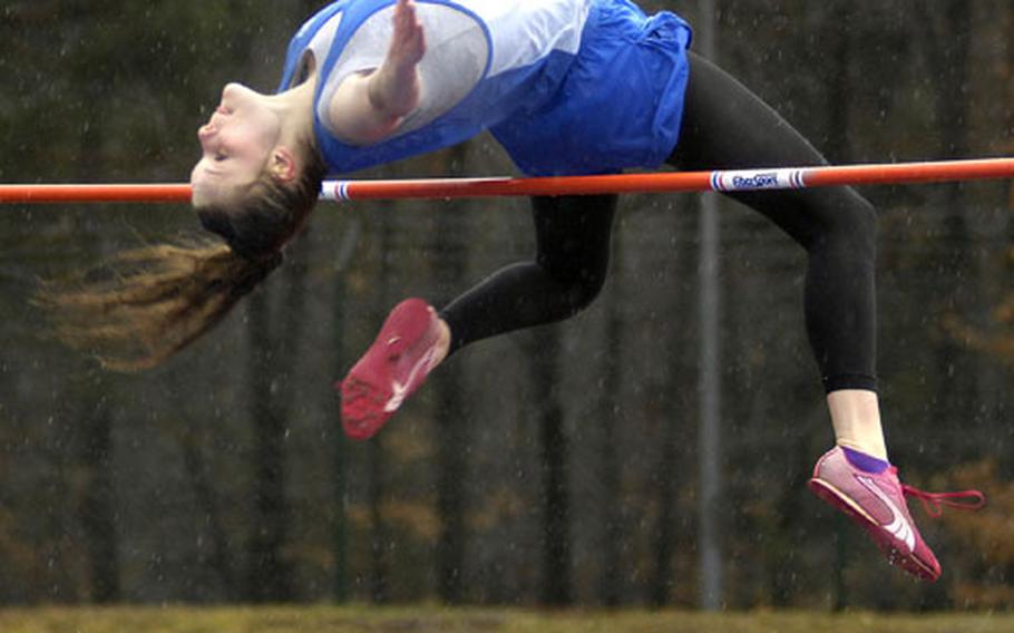 Bitburg&#39;s Kristen Willeford from Bitburg glides over the high jump bar Saturday at Ramstein. Willeford beat out Tara Lookbaugh of Ramstein, clearing 5&#39;2".