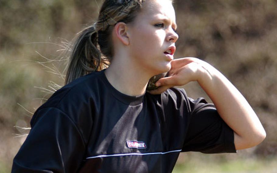 Emma Palm, shown here at a recent practice, holds a Swedish national age-group record in the shot put and is well versed in throwing the javelin, a discipline she wishes was part of the DODDS track and field program.