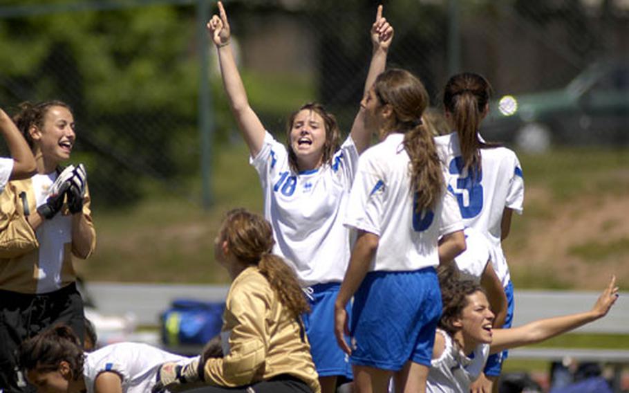 Frances Caperchi of Marymount celebrates with her team after Marymount&#39;s 3-1 victory over AFNORTH.