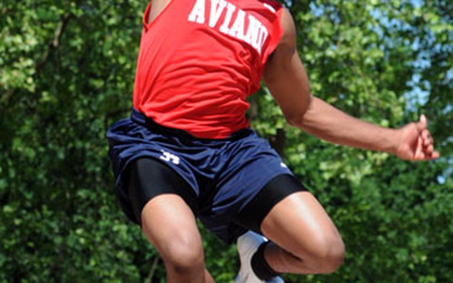 Denzel Barnett of Aviano wins the boys long jump at the DODDS-Europe track and field championships with a leap of 22 feet, 1½ inches. Ansbach&#39;s Carter Gunn was second at 21-2½ and Myles McDavid of Heidelberg was third at 21-1¾.