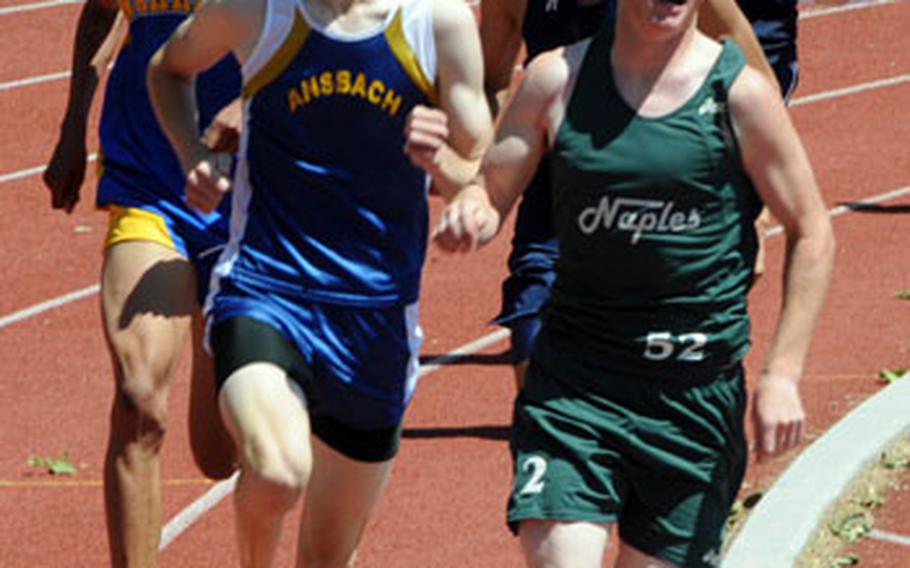 Sterling Teall of Ansbach does it again ... As was the case in the boys 3,000 meter run on Friday, he waited until near the end to pass John Markman of Naples to win the boys 1,500 meters in 4 minutes, 9.93 seconds. Markman was second in 4:10.58 and Daniel Parker of Wiesbaden third in 4:11.40.