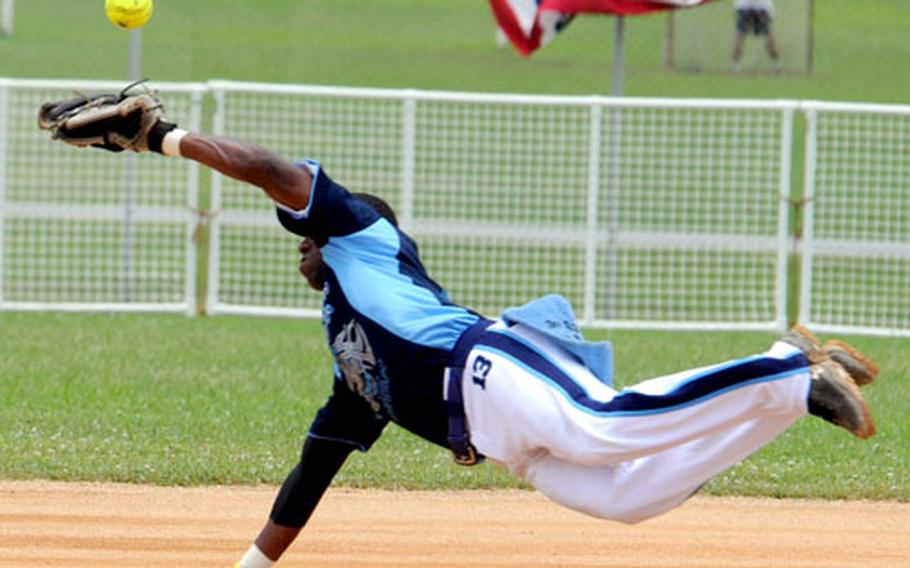 All-Army shortstop Des Ray of Camp Humphreys can&#39;t get the handle on a hard ground ball by Dan Miller of Okinawa&#39;s American Legion during Sunday&#39;s men&#39;s championship game.