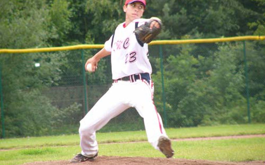 Kaiserslautern Military Community’s Cavan Cohoes works to the batter during his one-and-two-thirds innings of hitless relief Sunday. The American won 8-3 against the Netherlands in the opening game of Little League Baseball’s Senior League European Regional at Ramstein Air Base, Germany.