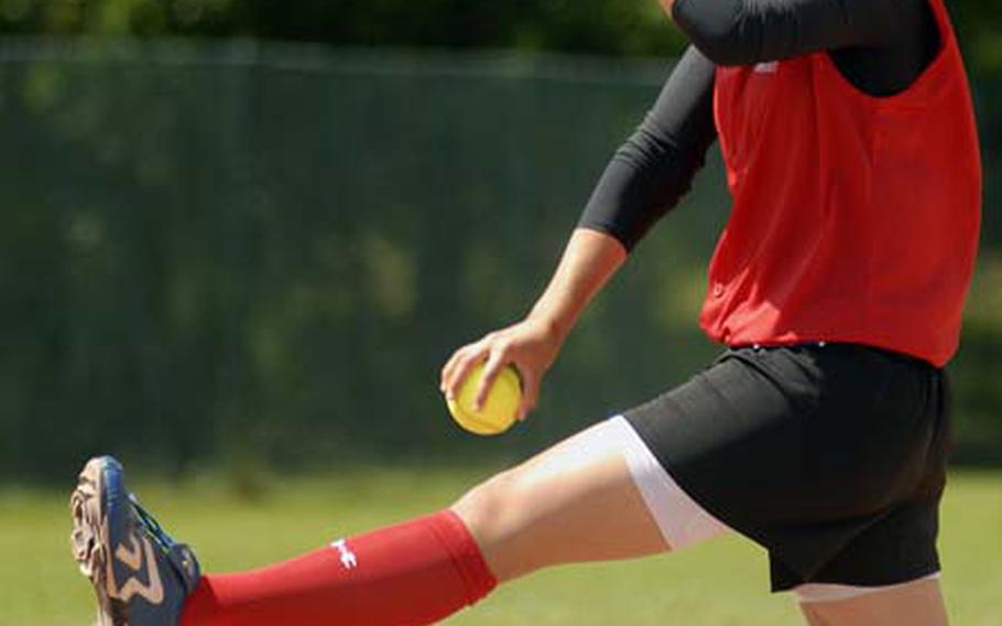 Maddie Byrd winds up for a pitch against Georgia on Monday afternoon in their second game of the Senior European Regional softball championships held at Ramstein. The Germany team, comprised of American military dependants, won both games 16-0 and 24-1.