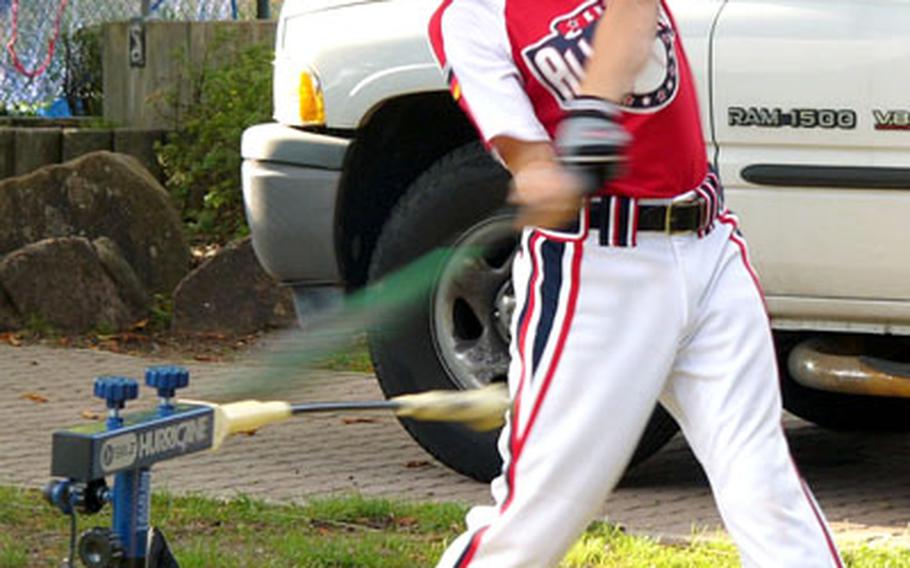 Kenny Martin works on shortening his stroke Friday at Ramstein Air Base, Germany, in preparation for the hard stuff he expects to face at the Little League World Series.