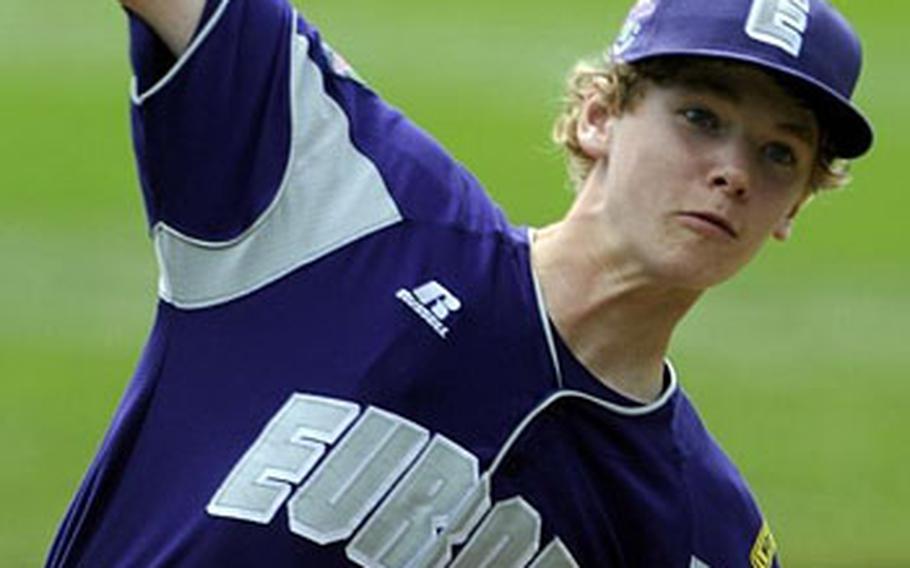 Ramstein AFB, Germany starting pitcher Matt Zembraski delivers a pitch in the first inning against Reynosa, Mexico