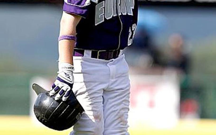 KMC&#39;s Cannon Byrd reacts to getting stranded on third base in the fifth inning.