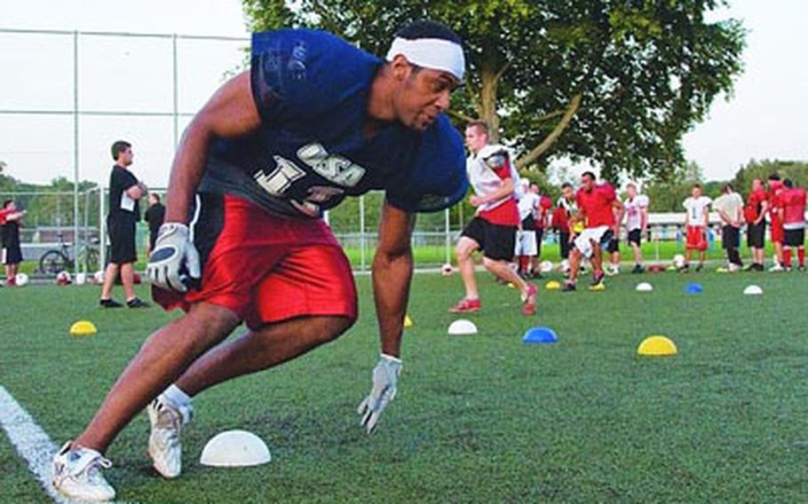 Walker navigates an obstacle during practice with the Stuttgart Scorpions on Aug. 18.