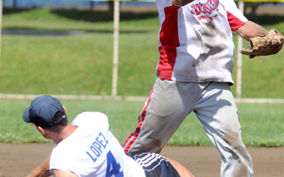 Infielder Mick "Disco" Scumaci of Misawa Outlaws A relays to first after erasing Paul Lopez of Honcho Dragons on a force play at second base during Monday&#39;s first championship game.